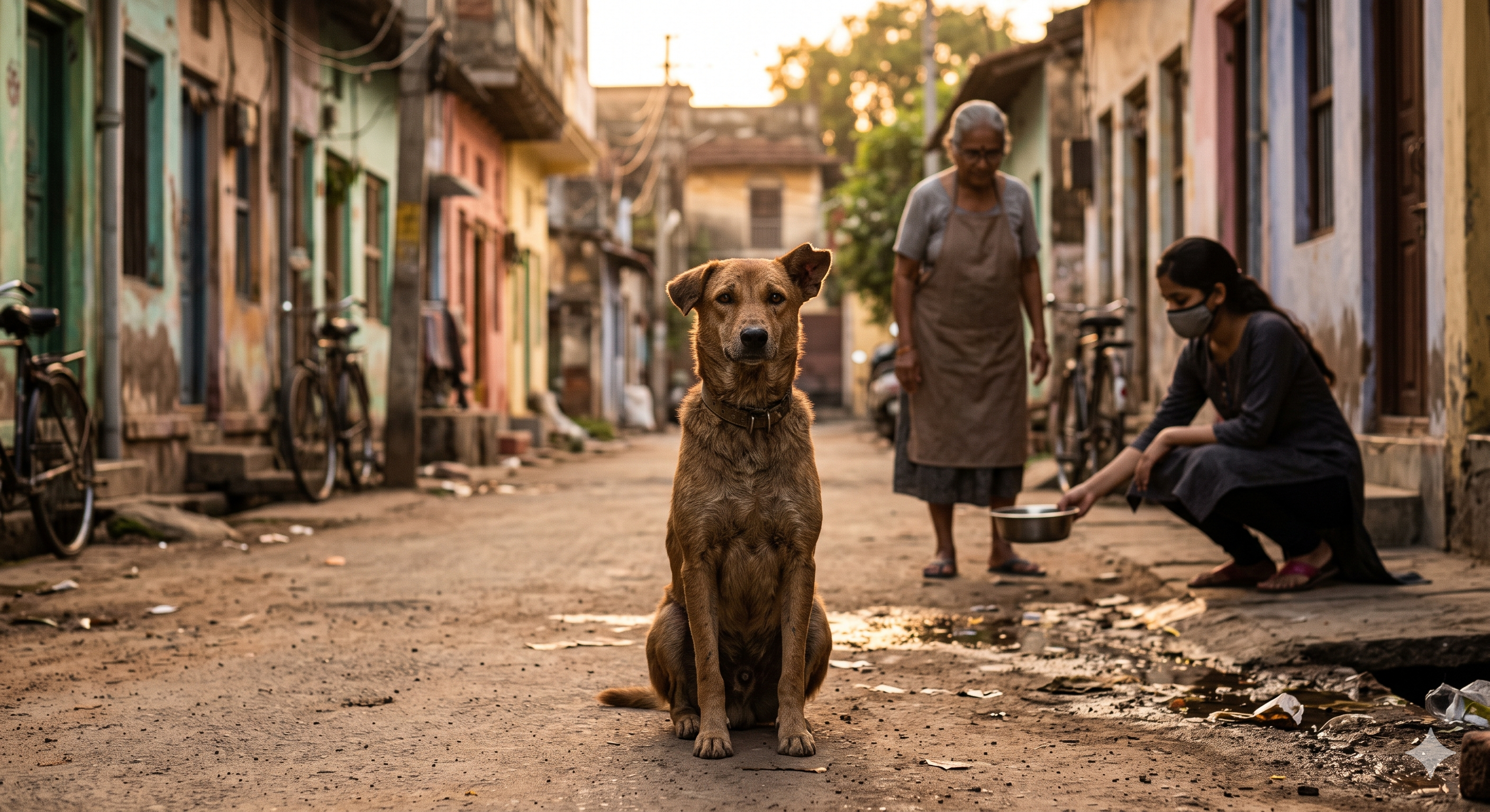 A brown Indian street dog with a half-torn ear sits in warm evening light while blurred caregivers tend to animals in the background.